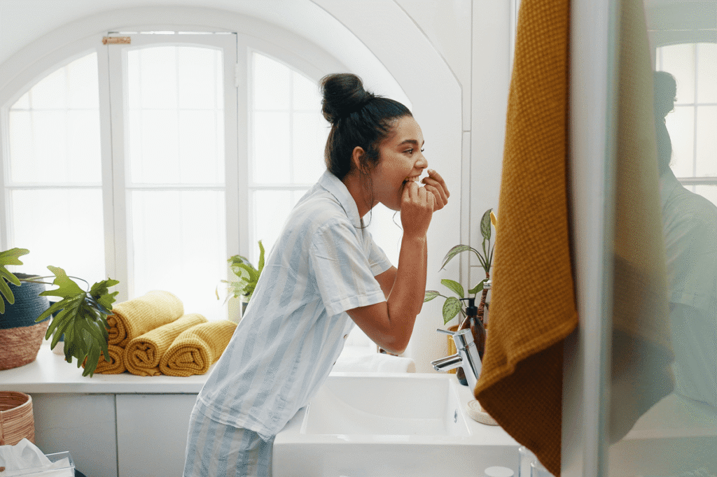 Vista di profilo di una ragazza in pigiama a righe che utilizza il filo interdentale davanti allo specchio del bagno di casa.