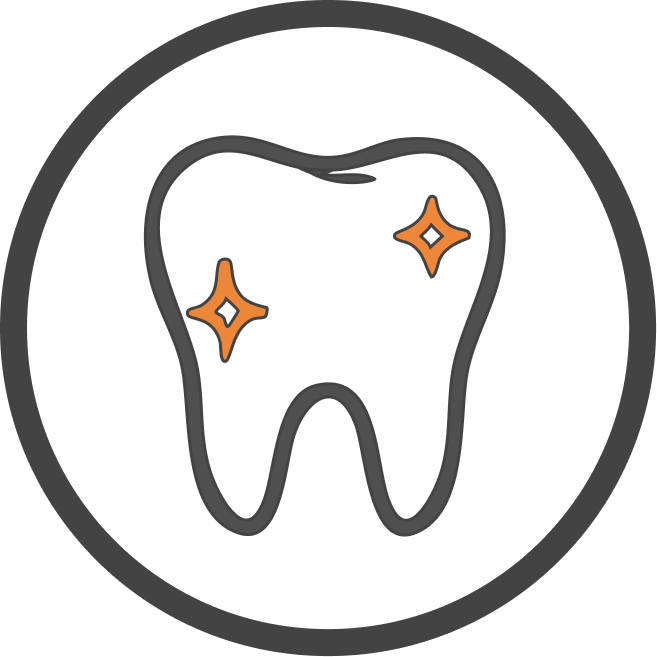 Icona stilizzata di un dente bianco e brillante con scintillii arancioni all'interno di un cerchio.