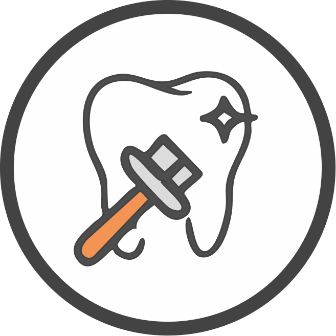 Icona stilizzata di un dente brillante spazzolato con uno spazzolino da denti all'interno di un cerchio.