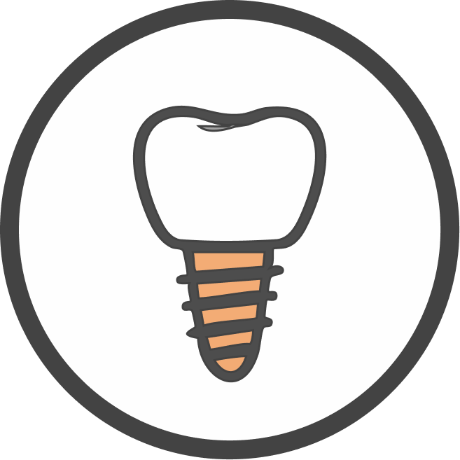 Icona stilizzata di una corona dentale con vite per impianto endosteo all'interno di un cerchio.
