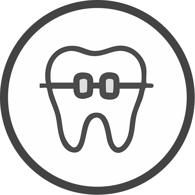 Icona stilizzata di un dente con apparecchio ortodontico a brackets.