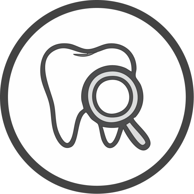 Icona stilizzata di un dente esaminato con una lente d'ingrandimento all'interno di un cerchio.
