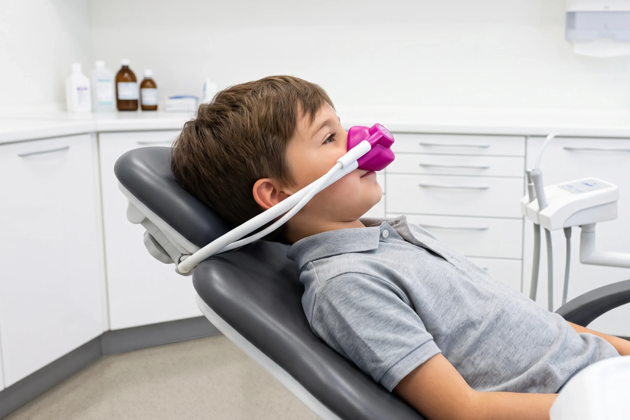 Bambino steso sulla poltrona dentistica con una mascherina nasale rosa per la sedazione cosciente con protossido d'azoto durante una cura dentale.