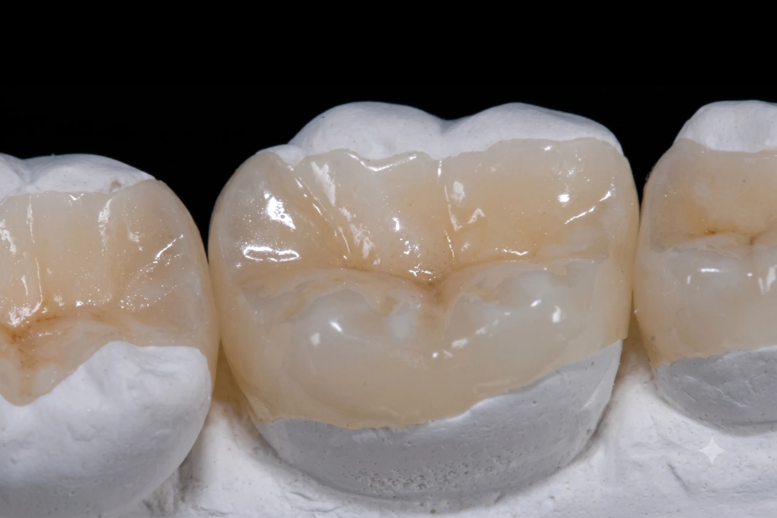 Primo piano di un intarsio protesico in ceramica ad elevata resa estetica posizionato sul modello in gesso dei denti molari.