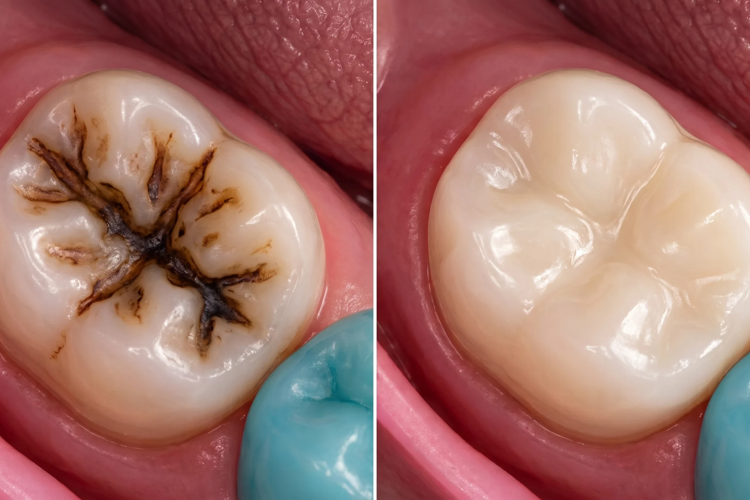 Confronto prima e dopo di un dente molare: a sinistra un dente con profonda carie scura nei solchi, a destra il dente restaurato con un'otturazione in composito estetica e invisibile.