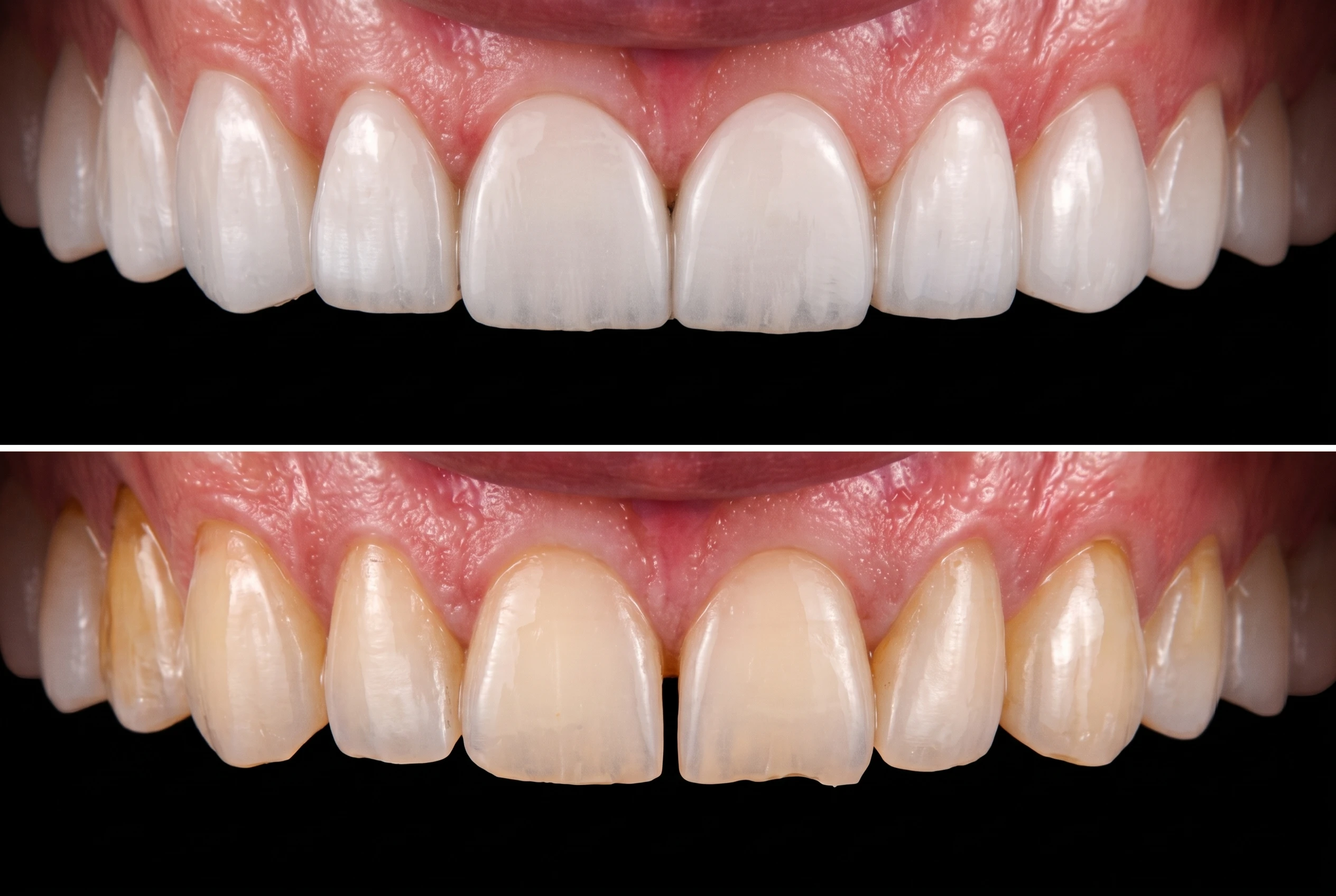 Confronto fotografico prima e dopo un trattamento estetico dentale: in basso i denti ingialliti con uno spazio tra gli incisivi centrali, in alto il risultato finale con un sorriso bianco, allineato e senza spazi.